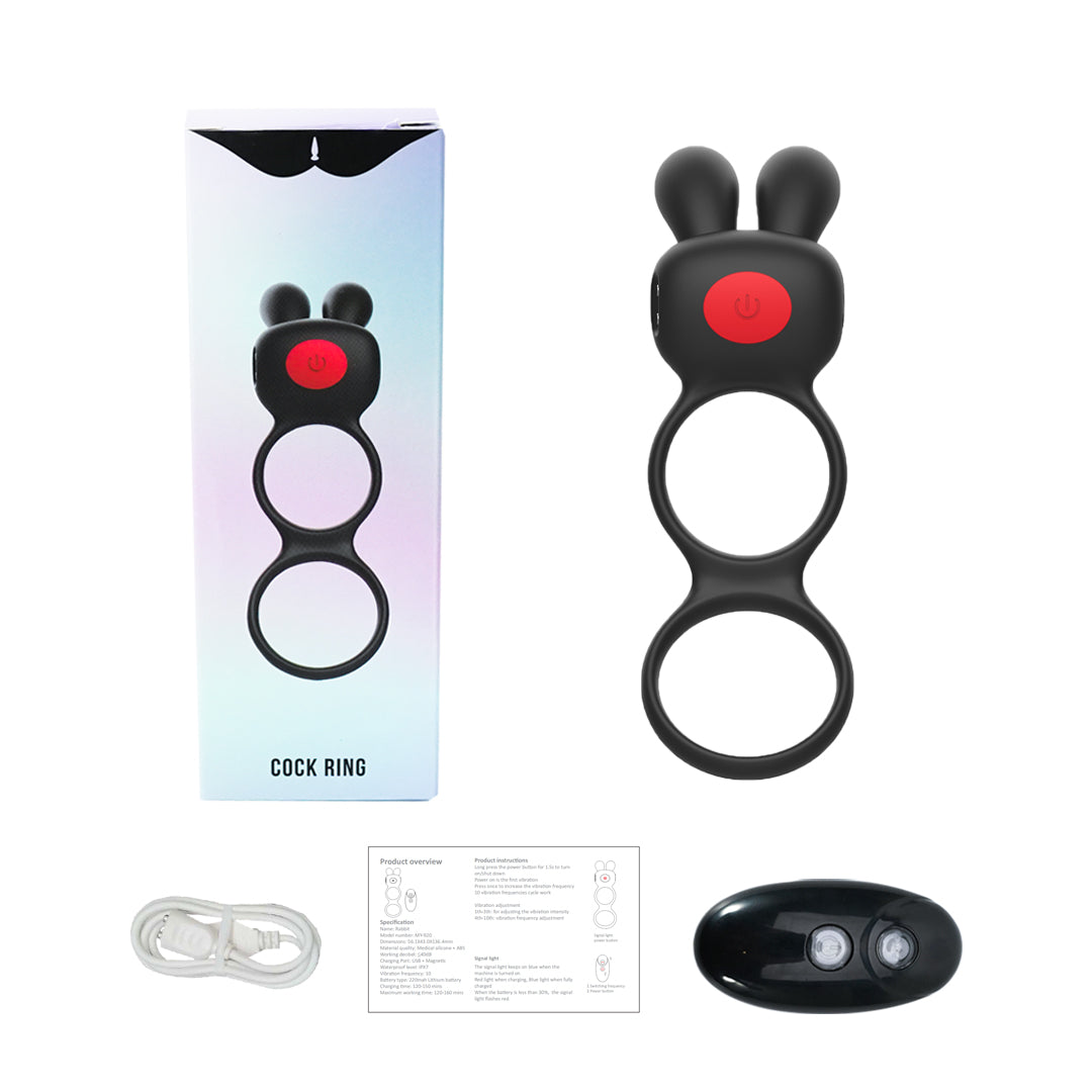 PulseBunny Rabbit Cock Ring product set - Packaging, product, and remote