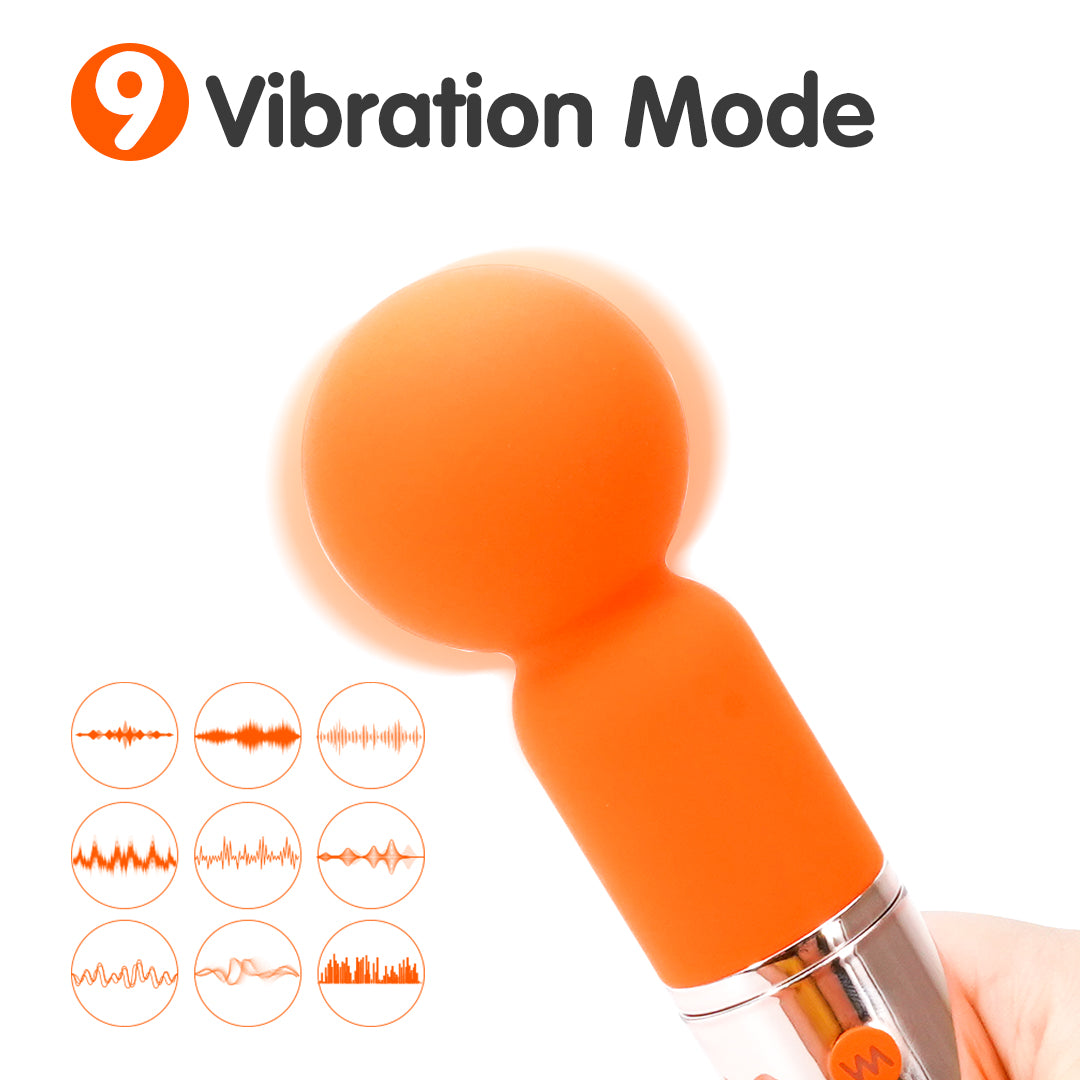 Orange mini massage wand vibrator with 9 vibration modes.