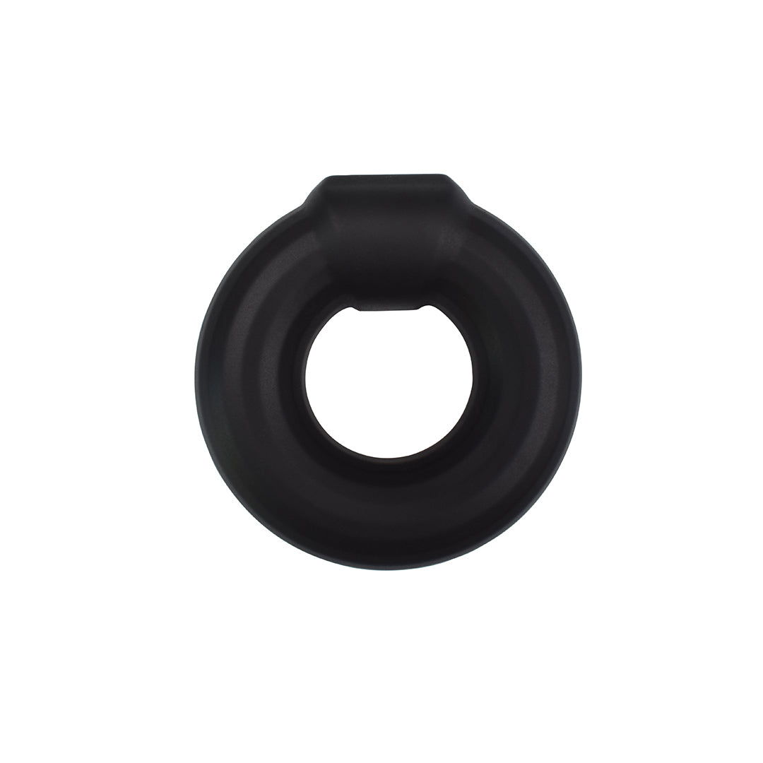 Black donut silicone cock ring with a distinctive notch.