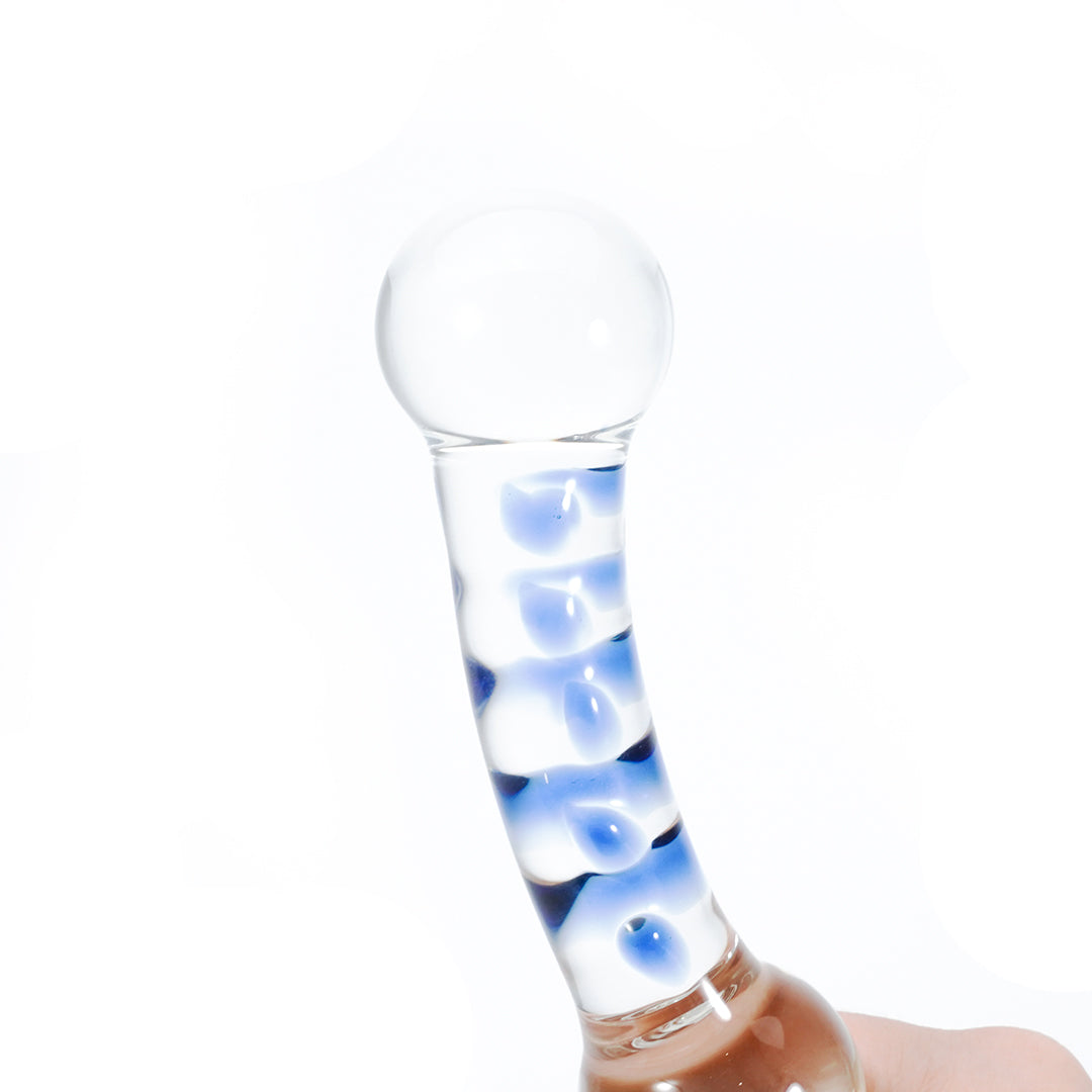 Sapphire Spiral Glass Dildo, clear glass with blue swirl design