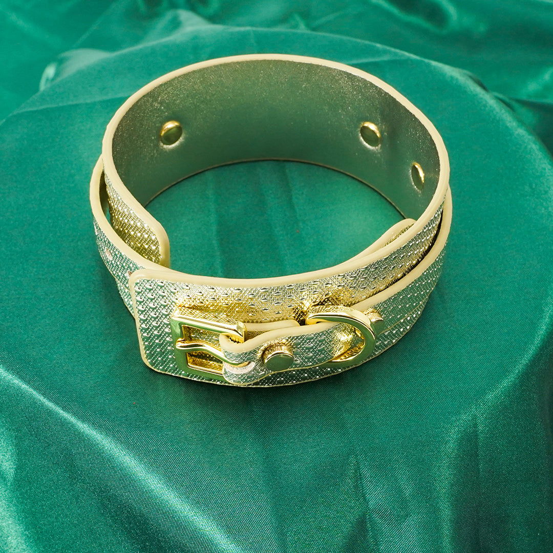 Gold BDSM collar with buckle and diamonds on green silk background