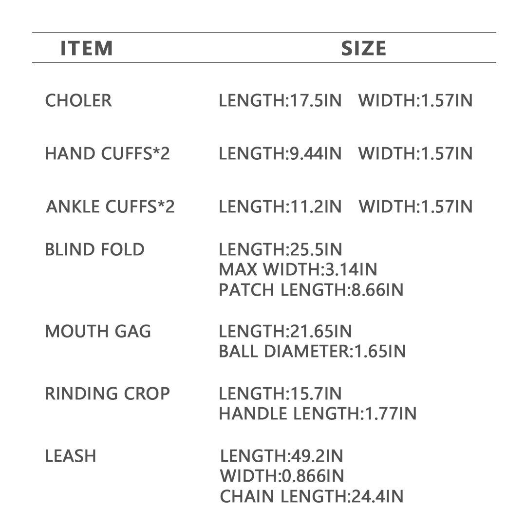 Leopard Print BDSM Bondage Set Size Details