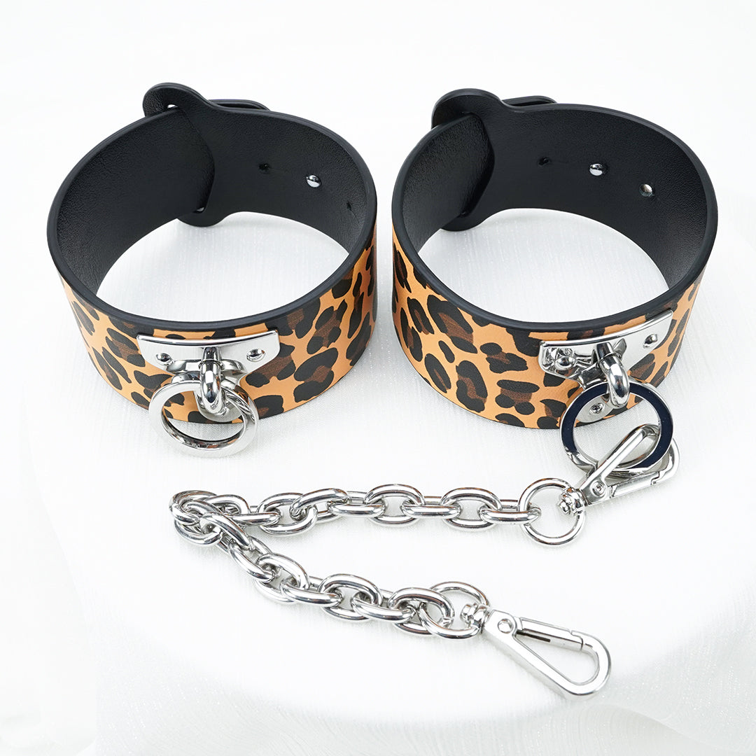 Leopard Print Wrist Cuffs with Chain, Luxury Bondage Set