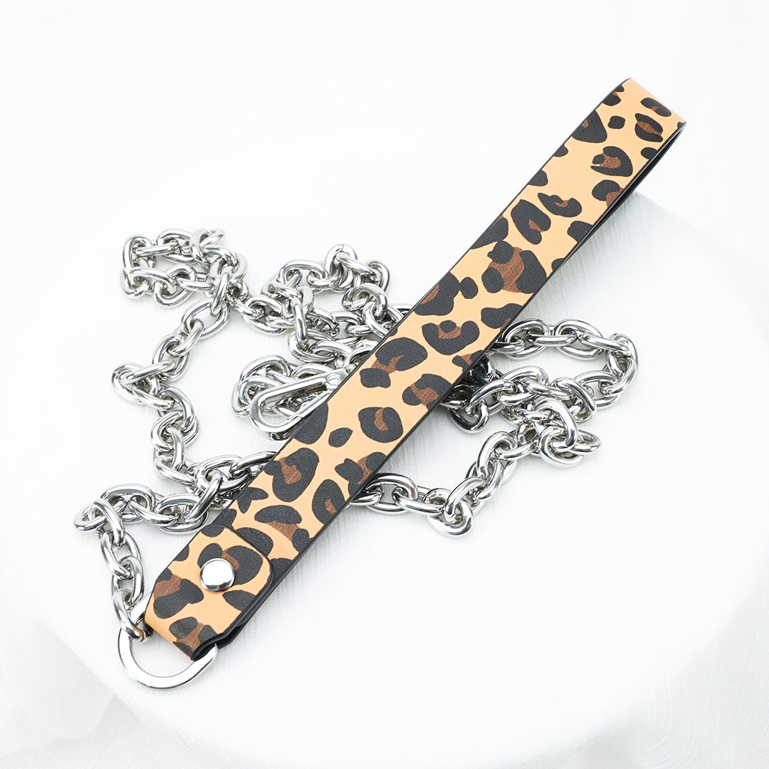 Leopard print BDSM leash with metal chain